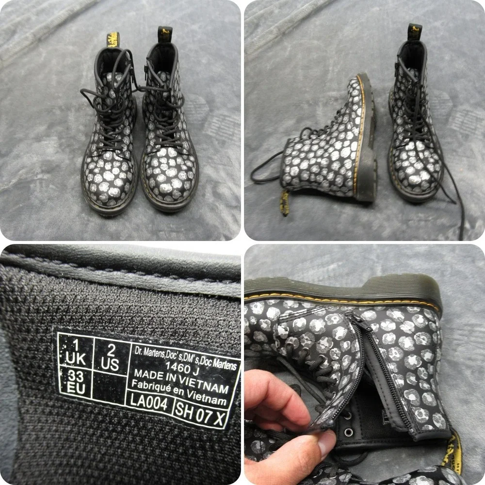 Dr. Martens Boots Youth 2 Silver Metallic Leopard Print Leather Side Zip Lace-Up